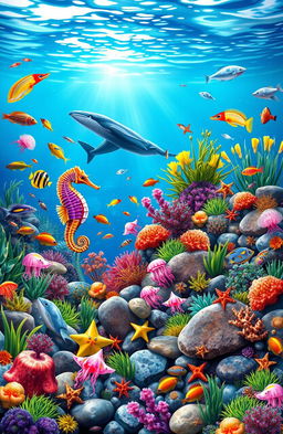 An A4 landscape book cover featuring a vibrant underwater scene, showcasing a variety of sea life including a graceful seahorse, colorful tropical fish swimming amongst coral reefs, and a majestic whale gliding through the water