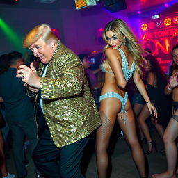 Donald Trump playfully twerking in a lively nightclub setting alongside a professional dancer