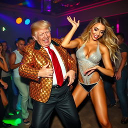 Donald Trump playfully twerking in a lively nightclub setting alongside a professional dancer