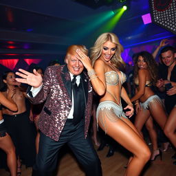 Donald Trump playfully twerking in a lively nightclub setting alongside a professional dancer