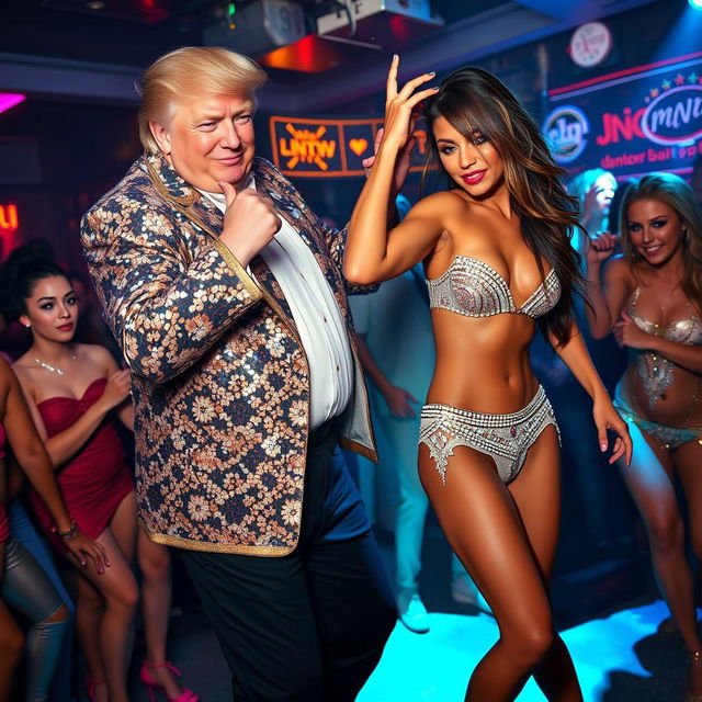 Donald Trump playfully twerking in a lively nightclub setting alongside a professional dancer