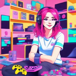 Generate an image of a cute and enthusiastic young gamer girl with bright pink hair