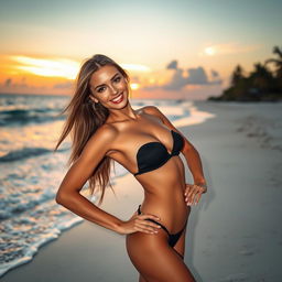 A stunning female model posing confidently on a pristine beach, wearing a sleek black bikini