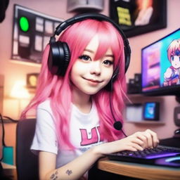 Generate an image of a beautiful real-life young gamer girl with radiant pink hair