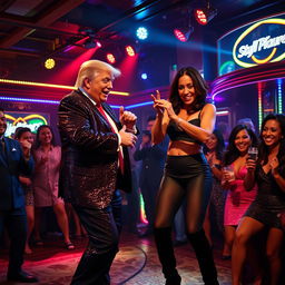 A lively scene in a glamorous strip club where Donald Trump is playfully twerking alongside Kamala Harris