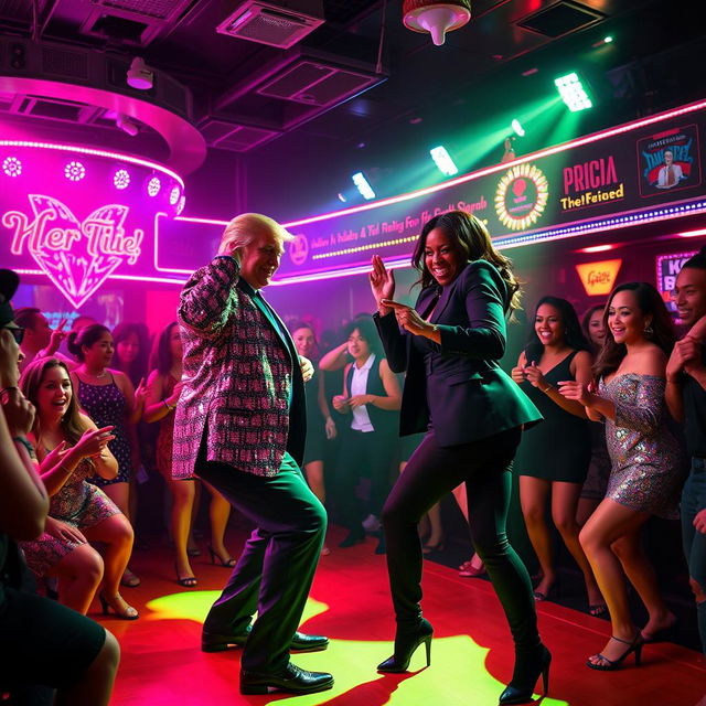 A lively scene in a glamorous strip club where Donald Trump is playfully twerking alongside Kamala Harris