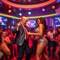 A lively scene in a glamorous strip club where Donald Trump is playfully twerking alongside Kamala Harris