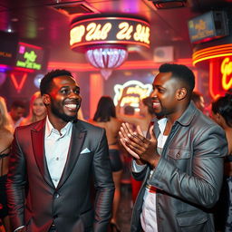 A lively and humorous scene set in a bustling strip club where Rigathi Gachagua and Oscar Sudi are enjoying a night out