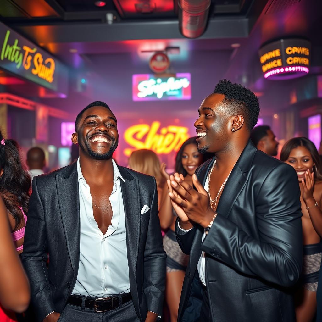 A lively and humorous scene set in a bustling strip club where Rigathi Gachagua and Oscar Sudi are enjoying a night out