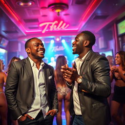 A lively and humorous scene set in a bustling strip club where Rigathi Gachagua and Oscar Sudi are enjoying a night out