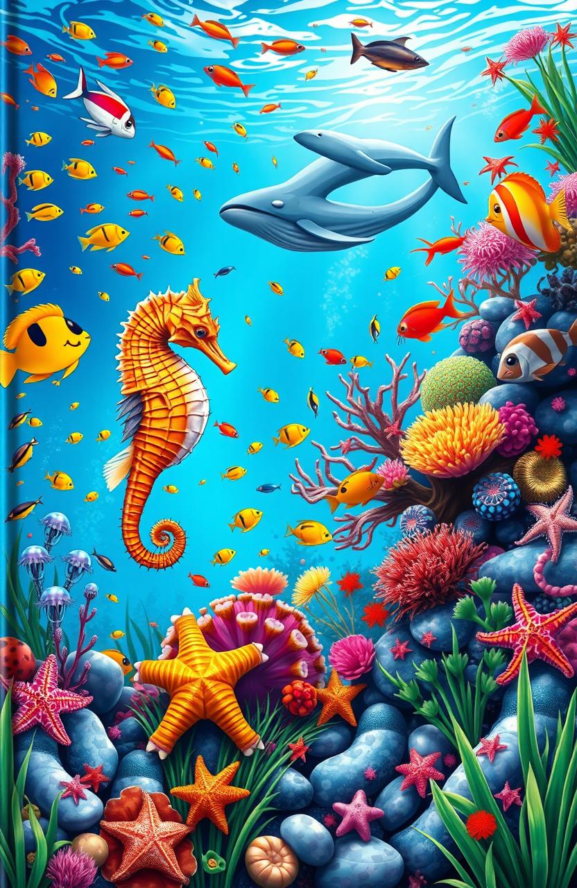 A vibrant and captivating book cover featuring an underwater scene saturated with life and colour