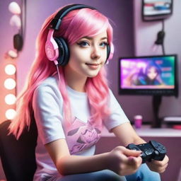 Generate an image of a beautiful real-life young gamer girl with radiant pink hair