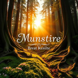 A beautiful and captivating book cover design featuring a mystical forest scene at sunrise
