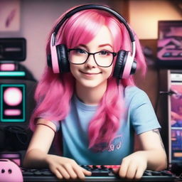 Generate an image of a beautiful real-life young gamer girl with radiant pink hair