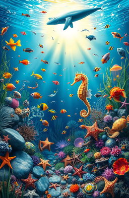 An enchanting underwater scene brimming with life, featuring a delicate seahorse gracefully swimming amidst a variety of colorful fish, a majestic whale gliding in the background, and a vibrant selection of various sea creatures including starfish, jellyfish, and sea turtles