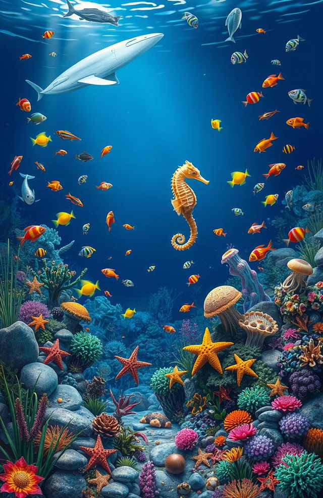 An enchanting underwater scene brimming with life, featuring a delicate seahorse gracefully swimming amidst a variety of colorful fish, a majestic whale gliding in the background, and a vibrant selection of various sea creatures including starfish, jellyfish, and sea turtles