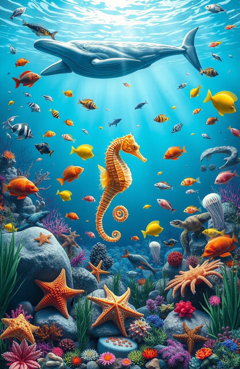 An enchanting underwater scene brimming with life, featuring a delicate seahorse gracefully swimming amidst a variety of colorful fish, a majestic whale gliding in the background, and a vibrant selection of various sea creatures including starfish, jellyfish, and sea turtles