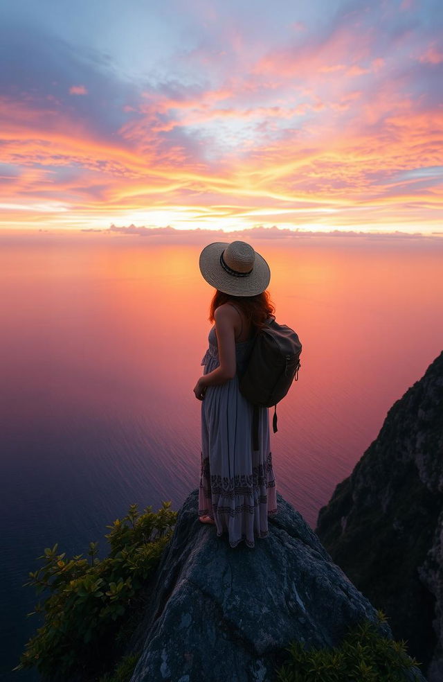 A solitary traveler standing at the edge of a breathtaking cliff overlooking a vast, shimmering ocean at sunset