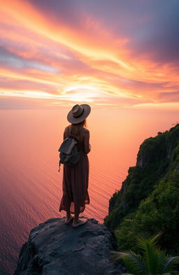 A solitary traveler standing at the edge of a breathtaking cliff overlooking a vast, shimmering ocean at sunset