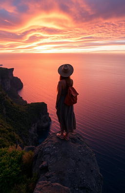 A solitary traveler standing at the edge of a breathtaking cliff overlooking a vast, shimmering ocean at sunset