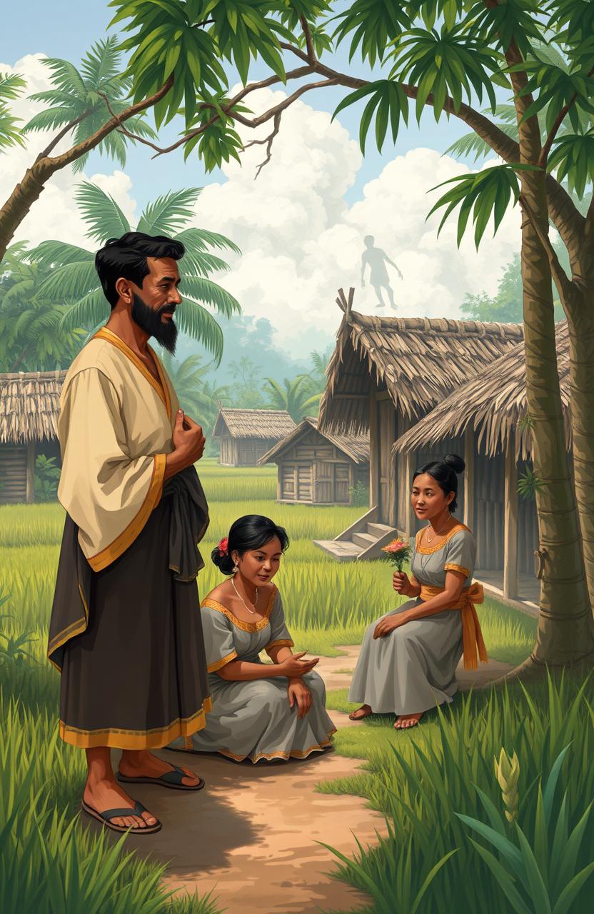 A historical depiction of the daily life of Filipinos in the past, showcasing a tranquil village scene