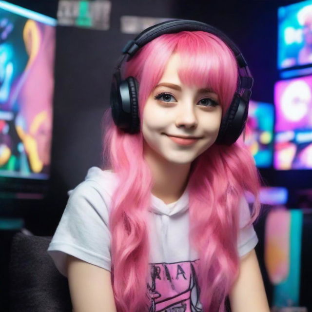 Generate an image of a beautiful real-life young gamer girl with radiant pink hair