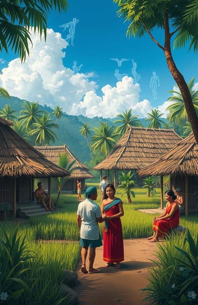 A historical depiction of the daily life of Filipinos in the past, showcasing a tranquil village scene