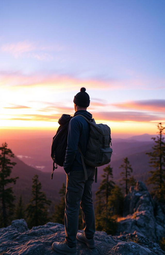 A solo traveler man standing on a scenic mountain ridge overlooking a majestic valley at sunrise