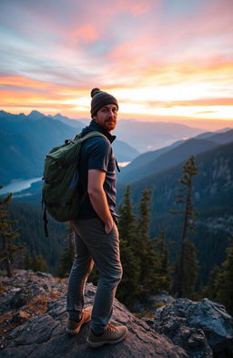 A solo traveler man standing on a scenic mountain ridge overlooking a majestic valley at sunrise