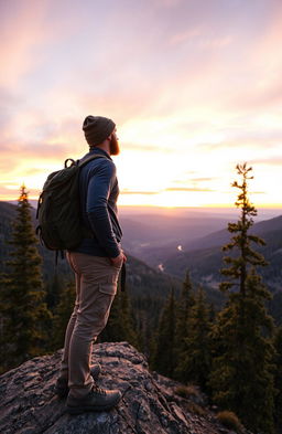 A solo traveler man standing on a scenic mountain ridge overlooking a majestic valley at sunrise