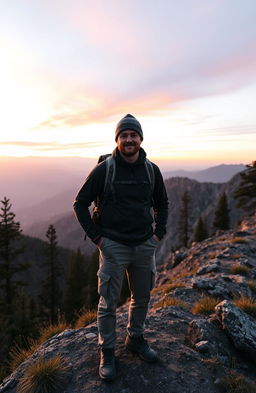 A solo traveler man standing on a scenic mountain ridge overlooking a majestic valley at sunrise