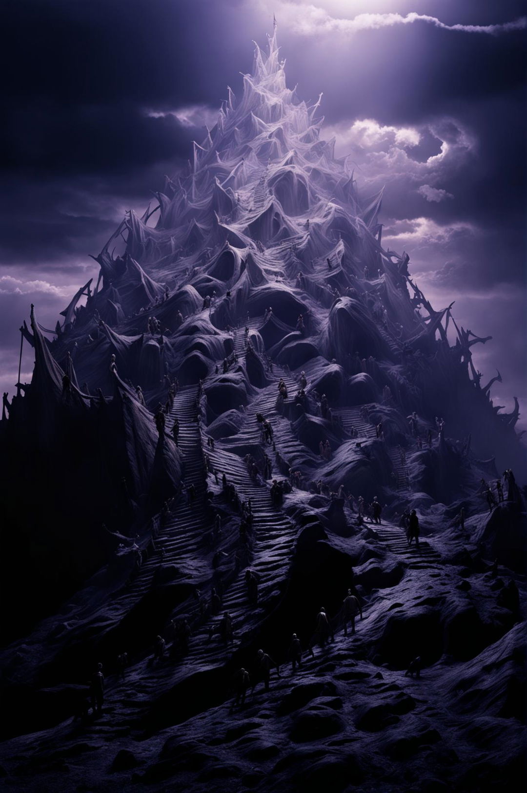 A wide shot of a Tim Burton-inspired mountain made up of lost souls under cinematic lighting in an abstract horror setting.