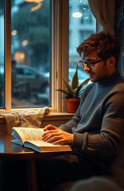 A contemplative introverted man, sitting alone in a cozy coffee shop, surrounded by warm ambient lighting and soft decor