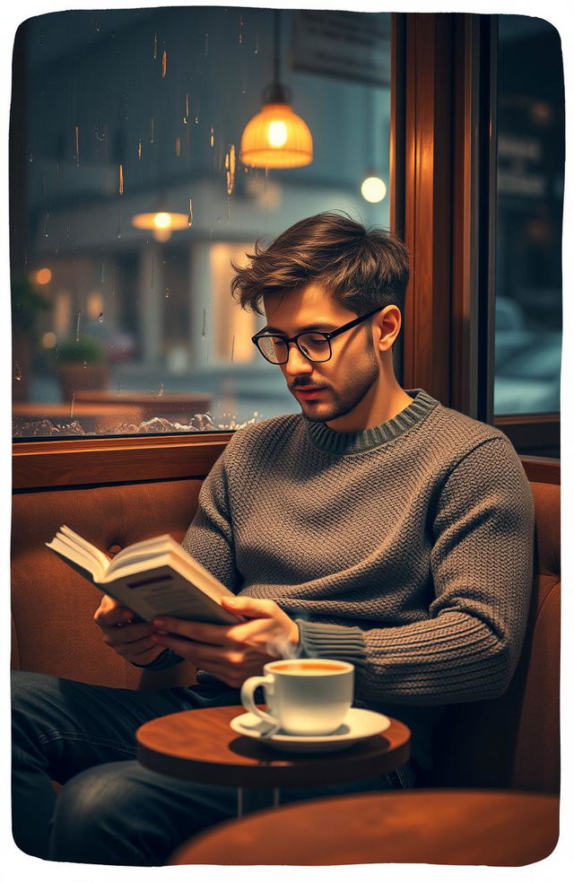 A contemplative introverted man, sitting alone in a cozy coffee shop, surrounded by warm ambient lighting and soft decor