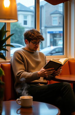 A contemplative introverted man, sitting alone in a cozy coffee shop, surrounded by warm ambient lighting and soft decor