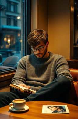 A contemplative introverted man, sitting alone in a cozy coffee shop, surrounded by warm ambient lighting and soft decor