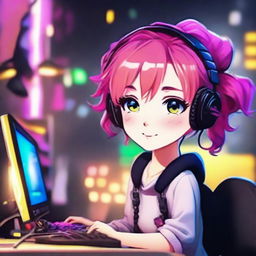 Generate an image of a real-life, spirited young gamer girl with her vibrant pink hair tied up in two playful pigtails