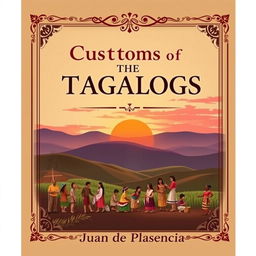 An elegant book cover design for 'Customs of the Tagalogs' by Juan de Plasencia