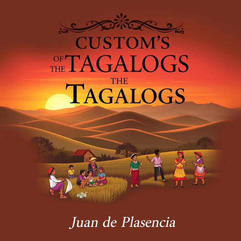 An elegant book cover design for 'Customs of the Tagalogs' by Juan de Plasencia