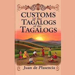 An elegant book cover design for 'Customs of the Tagalogs' by Juan de Plasencia