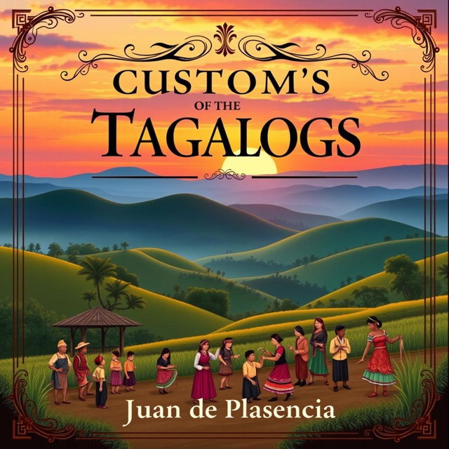 An elegant book cover design for 'Customs of the Tagalogs' by Juan de Plasencia