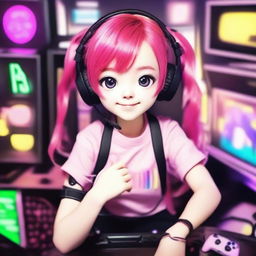 Generate an image of a real-life, spirited young gamer girl with her vibrant pink hair tied up in two playful pigtails