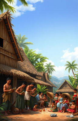 An artistic representation of a 16th-century scene showcasing the customs and traditions of the Tagalog people, as described in Juan de Plasencia's writings