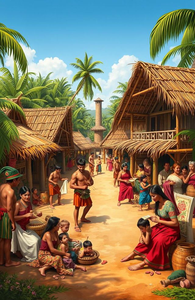 An artistic representation of a 16th-century scene showcasing the customs and traditions of the Tagalog people, as described in Juan de Plasencia's writings