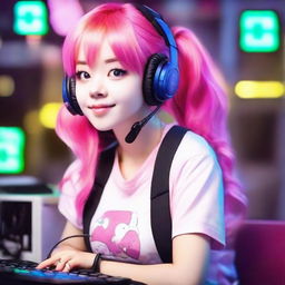 Generate an image of a real-life, spirited young gamer girl with her vibrant pink hair tied up in two playful pigtails