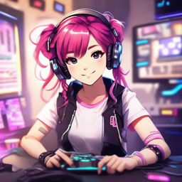 Generate an image of a real-life, spirited young gamer girl with her vibrant pink hair tied up in two playful pigtails