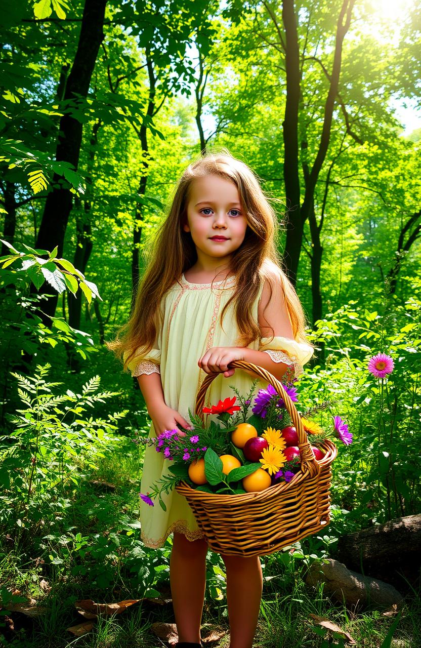 A young girl with a basket stands in front of a beautiful, lush forest