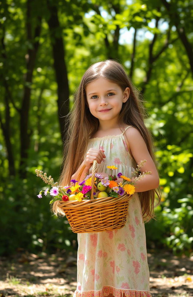 A young girl with a basket stands in front of a beautiful, lush forest