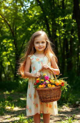 A young girl with a basket stands in front of a beautiful, lush forest