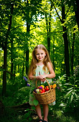 A young girl with a basket stands in front of a beautiful, lush forest
